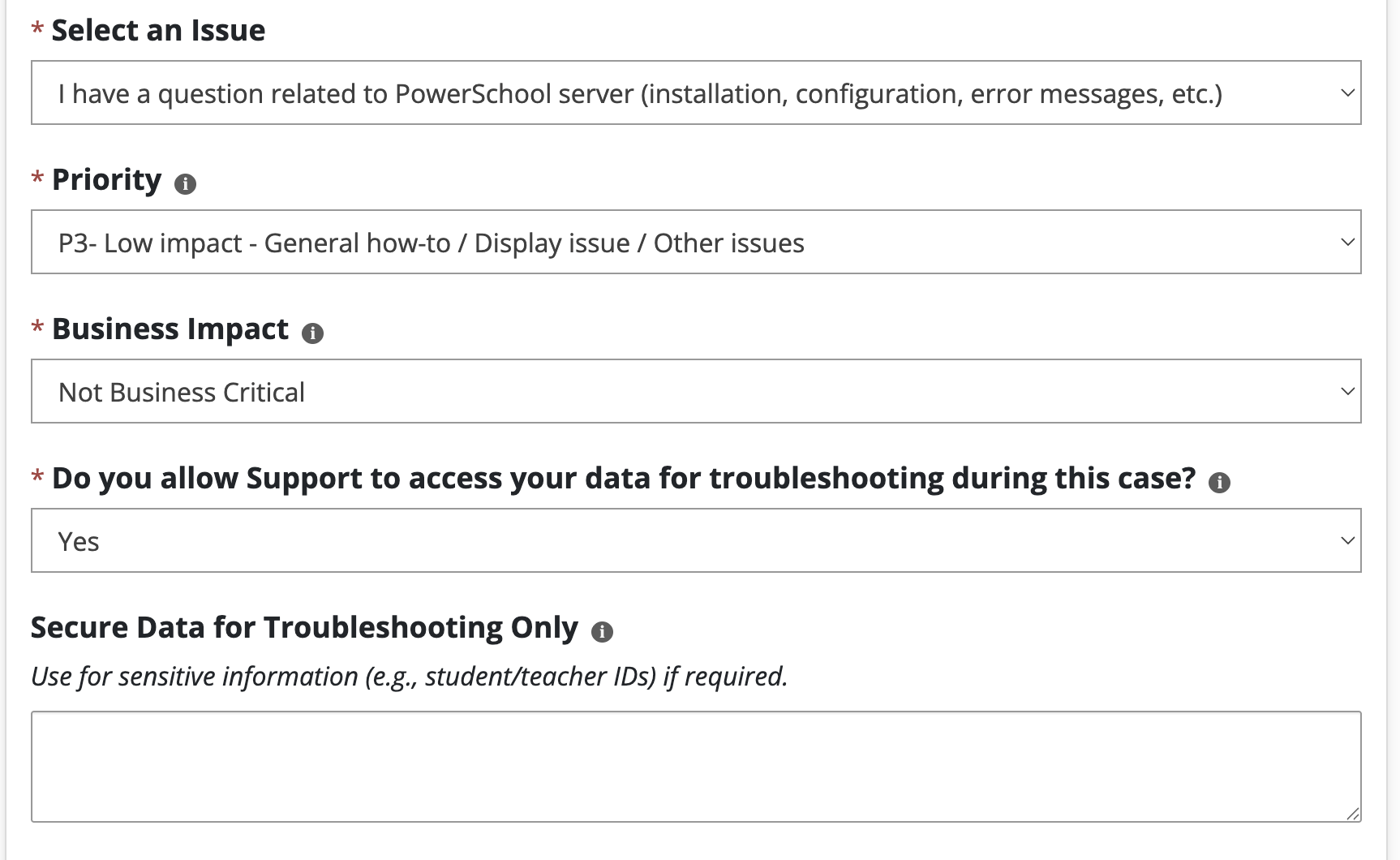 image showing how to set the issue, priority, business impact, and data access options
