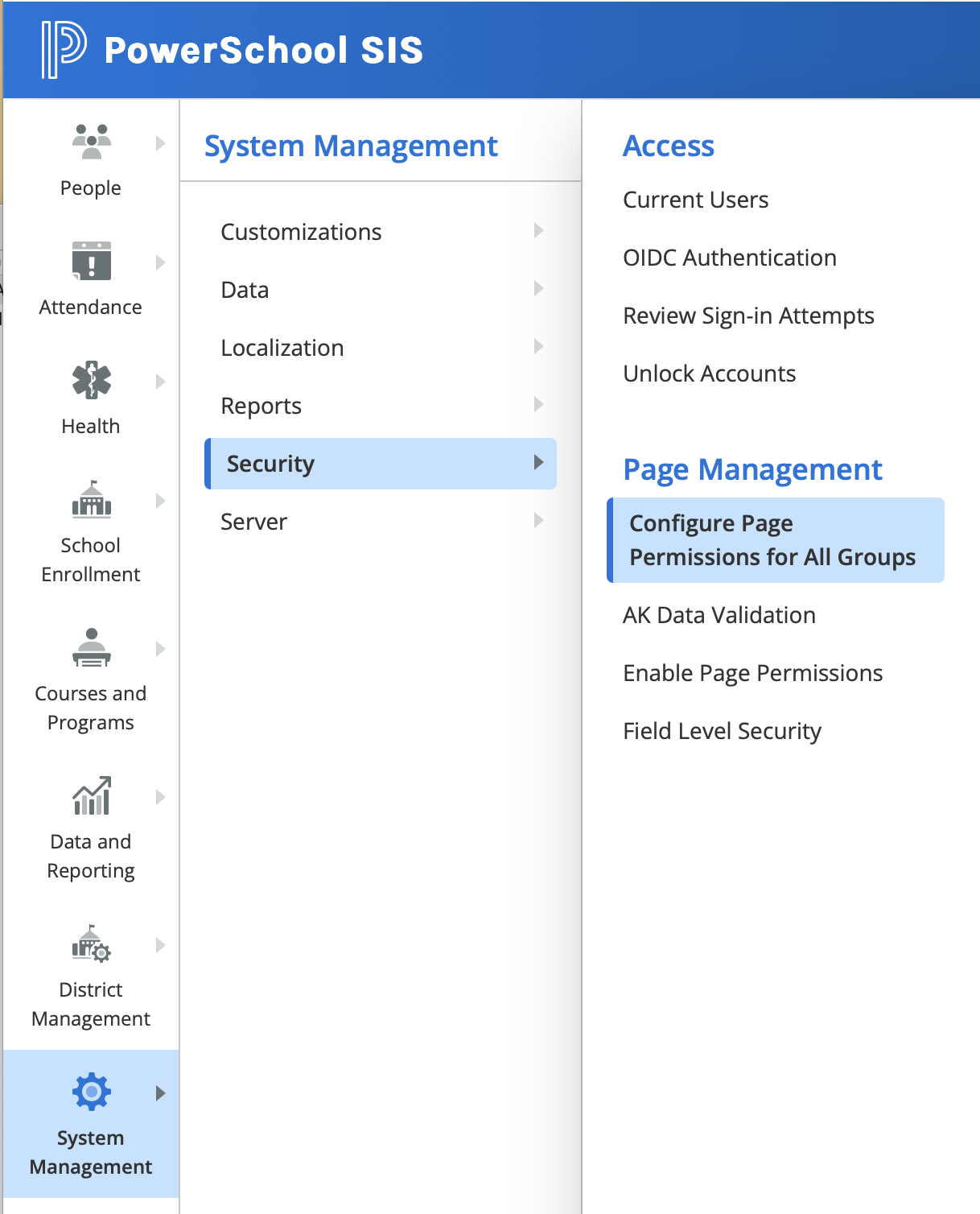 Image showing the click path through the interface via the System Management menu, then Security, and the Configure Page Permissions for All Groups 