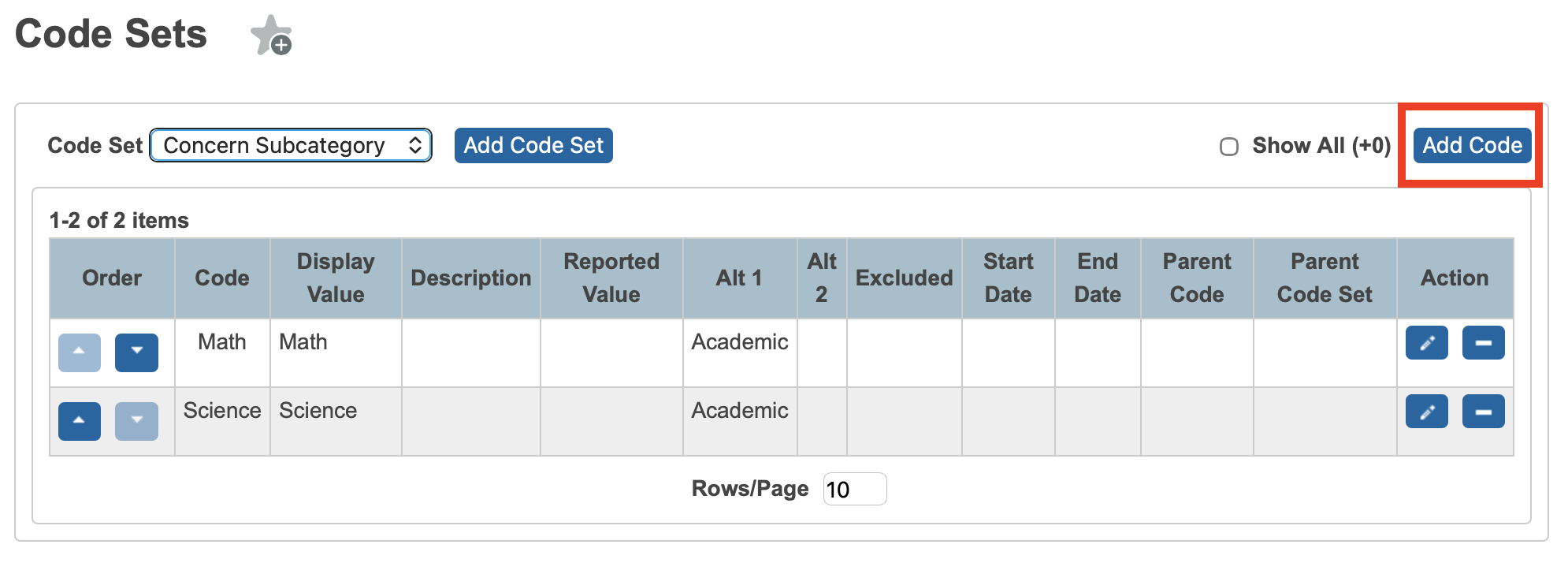 image showing a table with the math and science academic subcategories configured. and the Add Code button in the upper right corner highlighted.