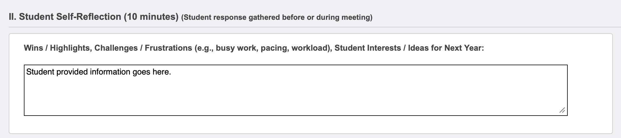A sample student reflection section