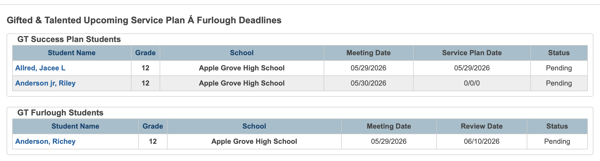 Upcoming Furlough and Success Plan Deadlines report with both student sections.