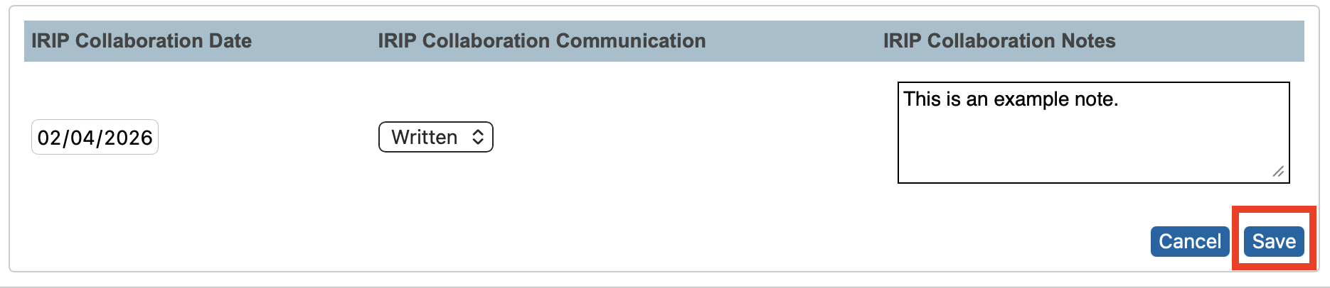 Image highlighting the button to save the development entry.