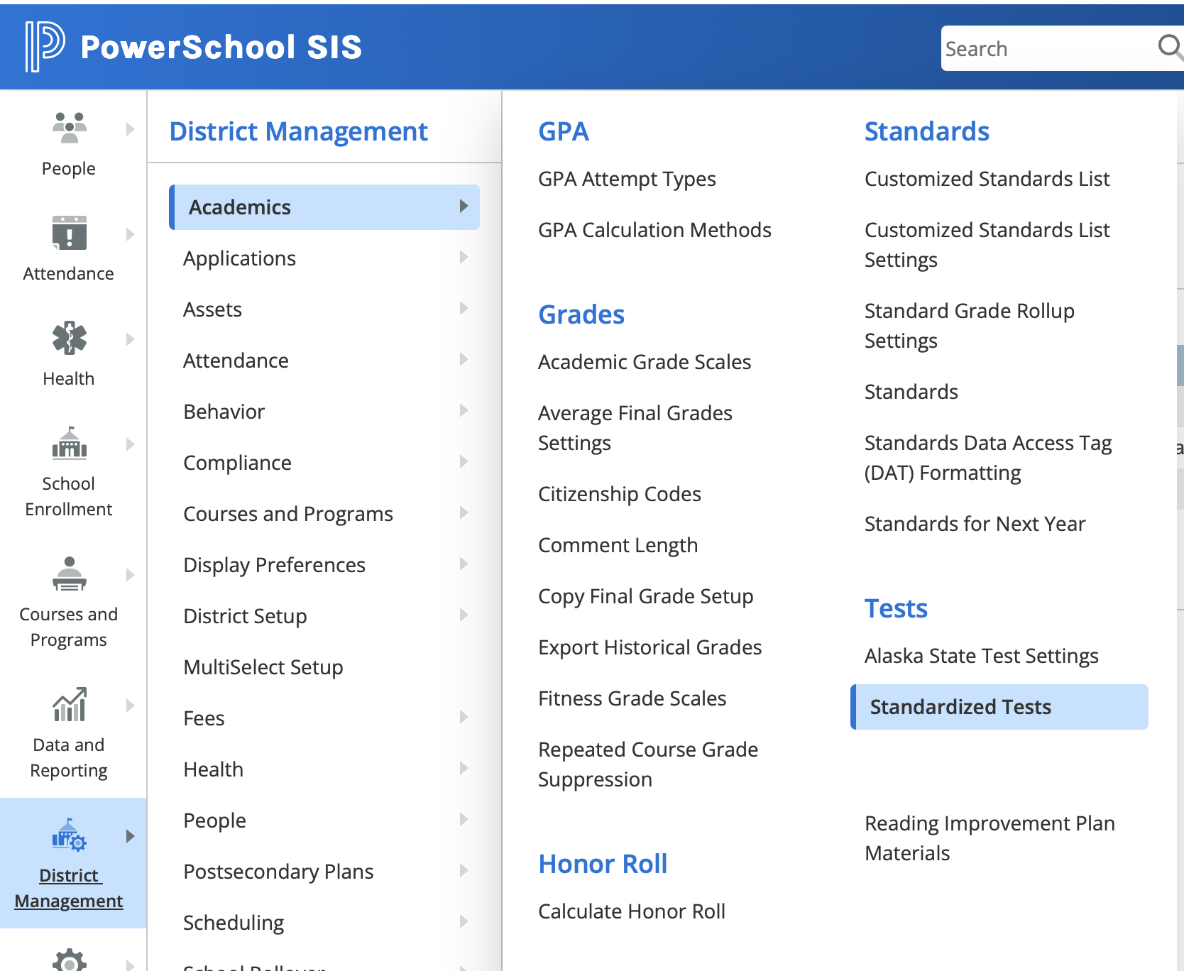 Image highlighting the click path to get to the Standardized Tests Pagel