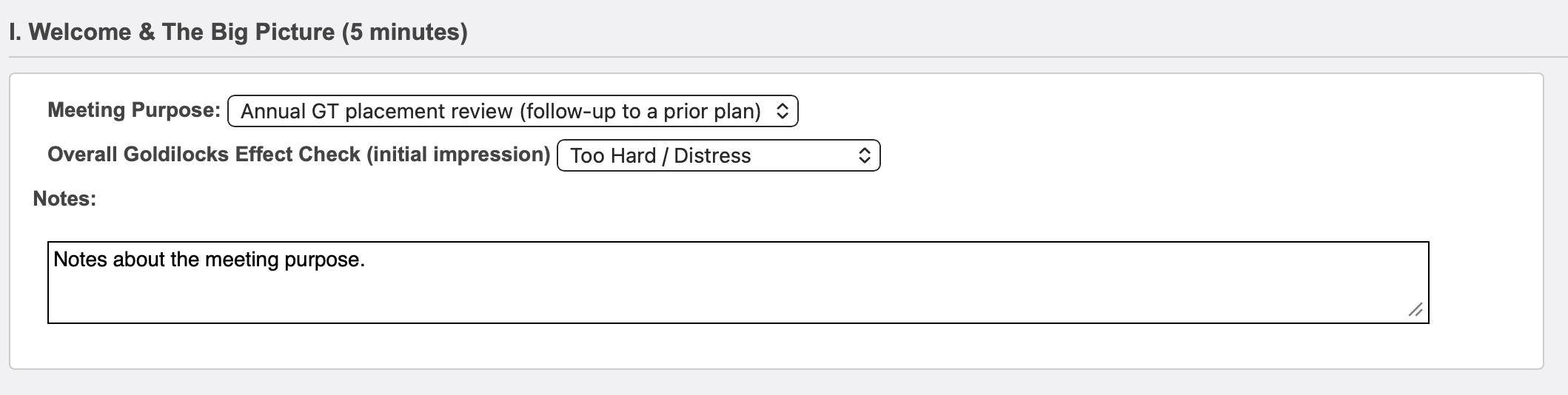 Meeting section I with purpose and Goldilocks effect selections