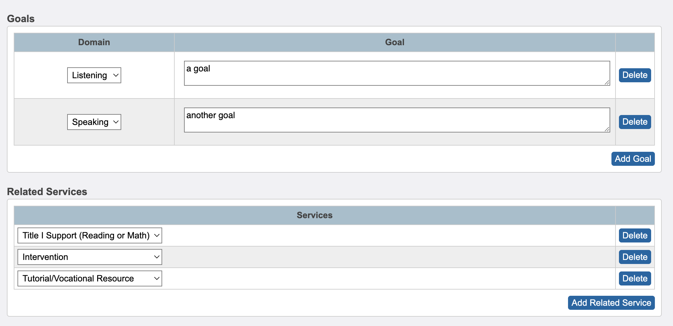 Screenshot showing the Goals and Related Services sections.