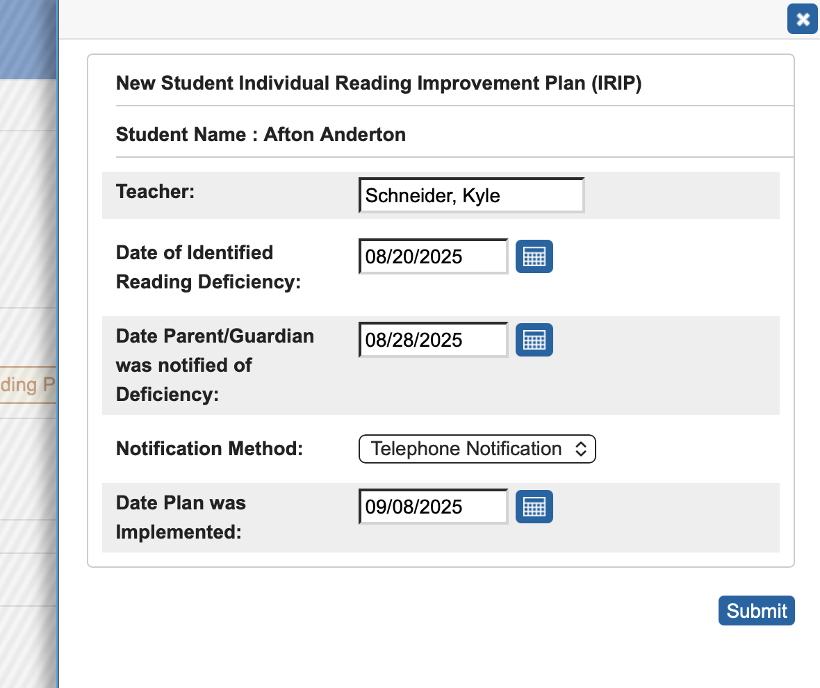 Image showing the student information section filled out with fake data