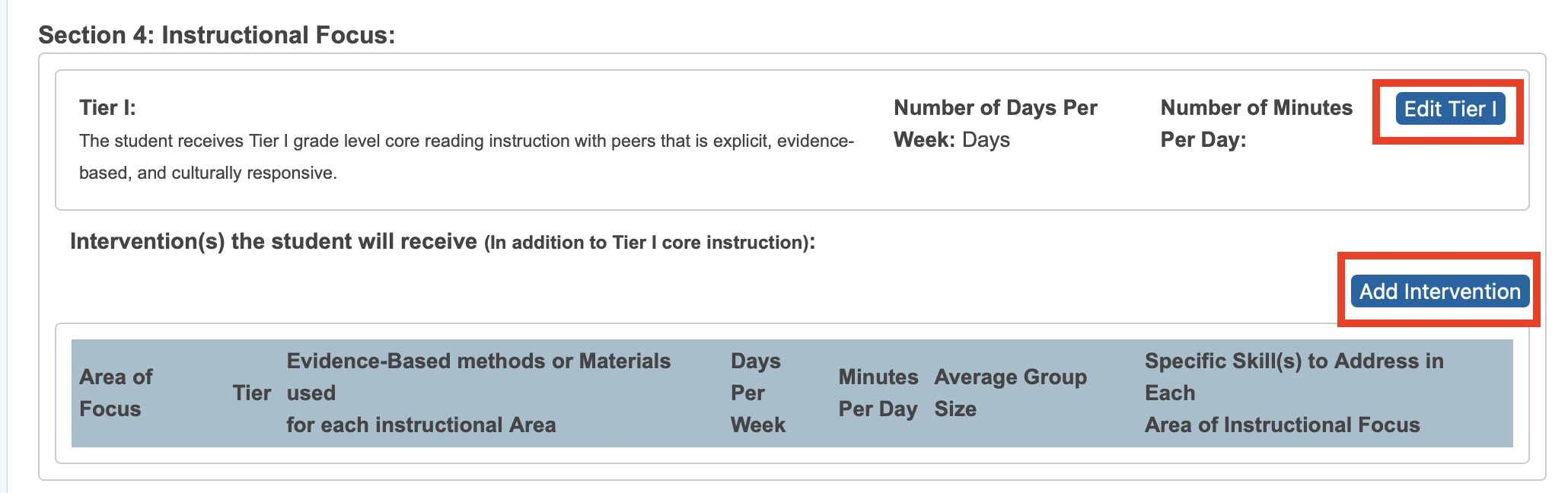 Image showing the buttons to add Tier I data and interventions highlighted.