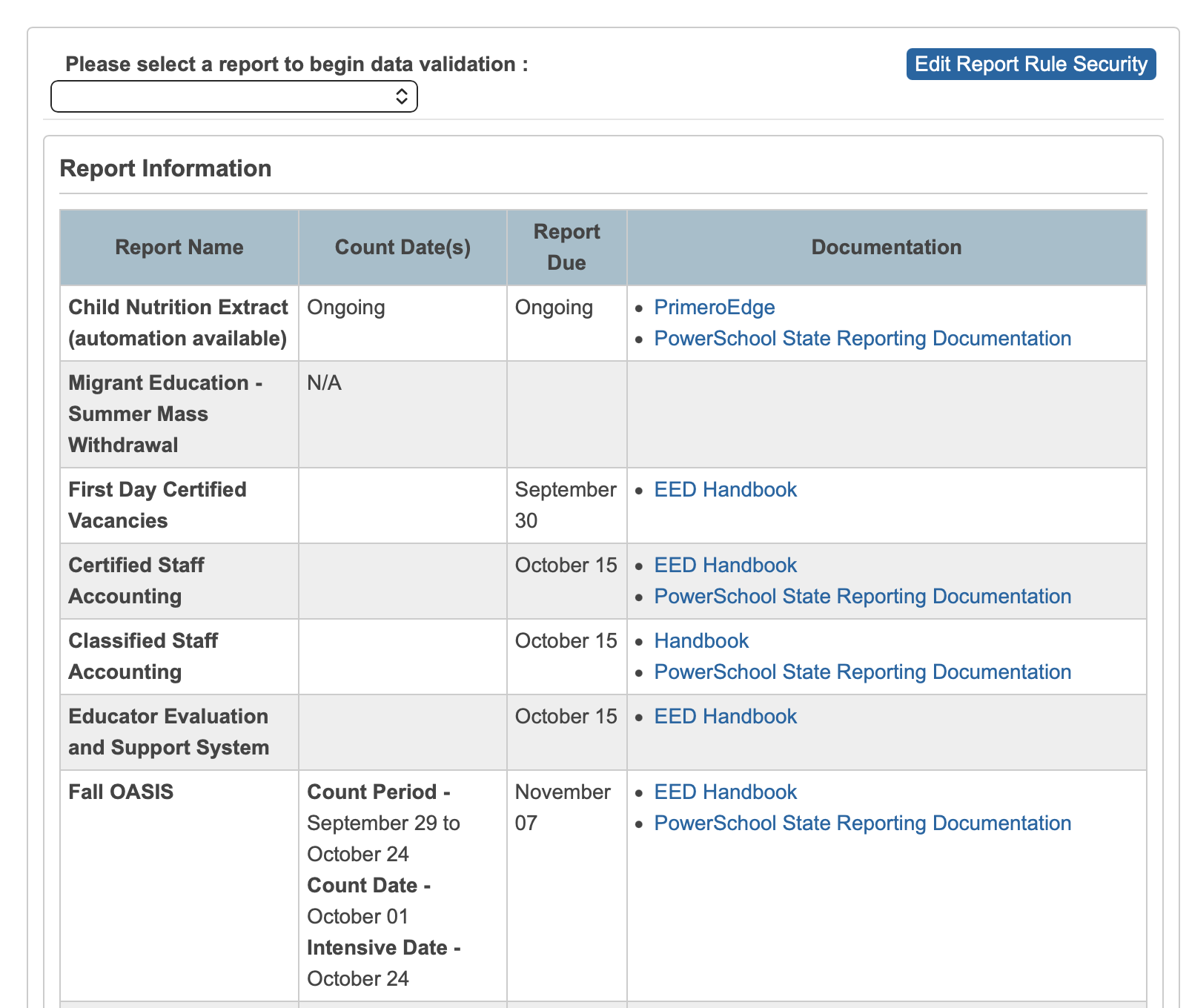 Image showing an example of the Report Information list