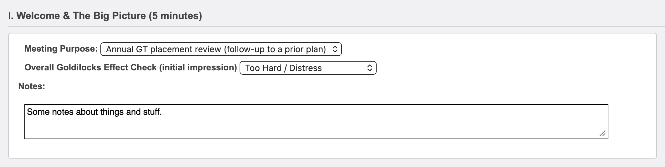 Meeting section I with purpose and Goldilocks effect selections