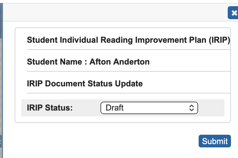 Image showing the IRIP Status set to Draft.