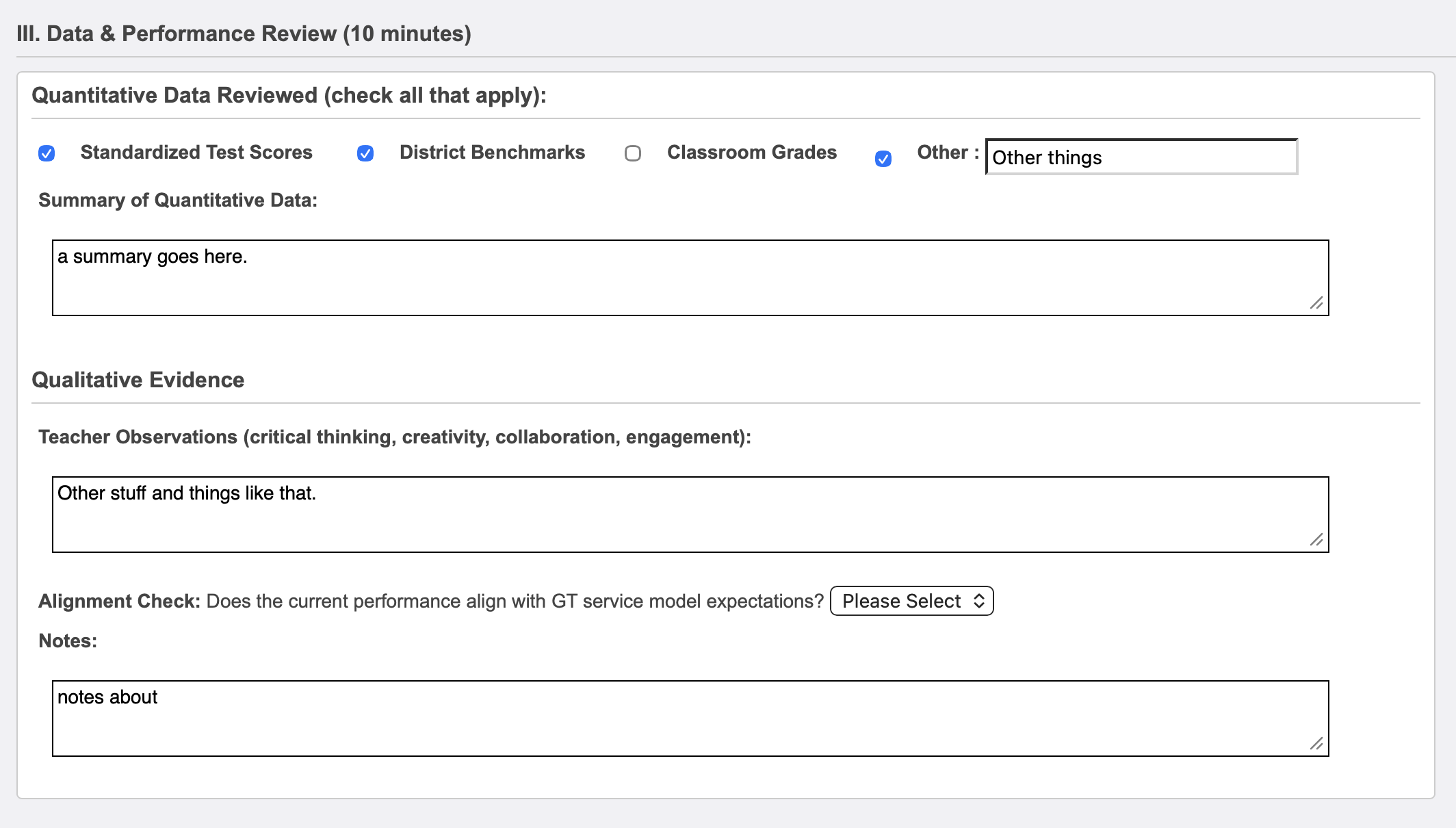 A sample Data & Performance Review Section