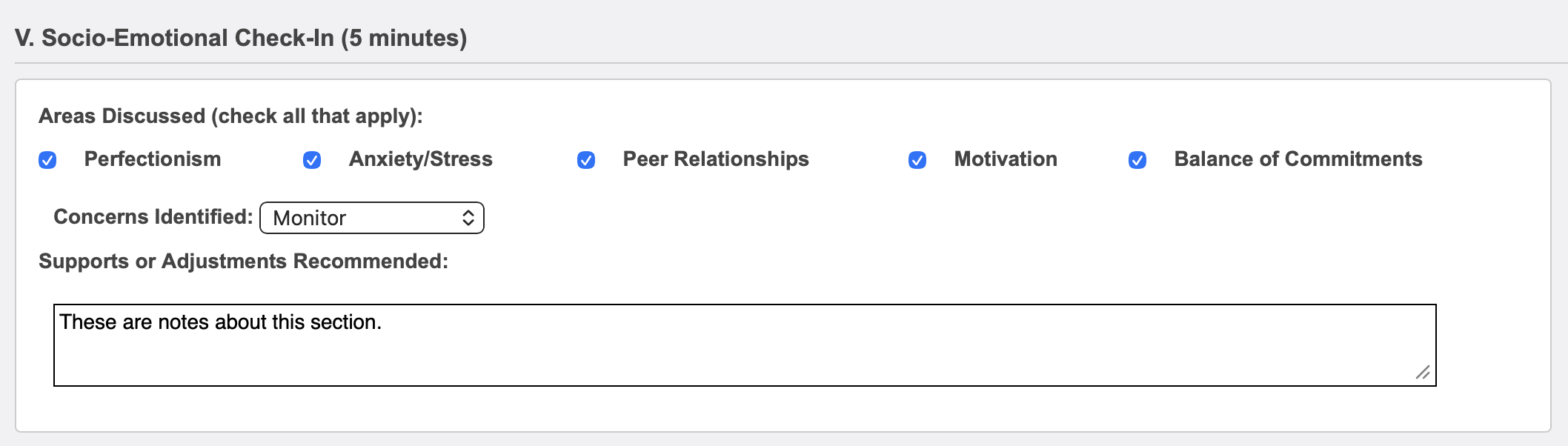A sample fully-populated socio-emotional check-in section.