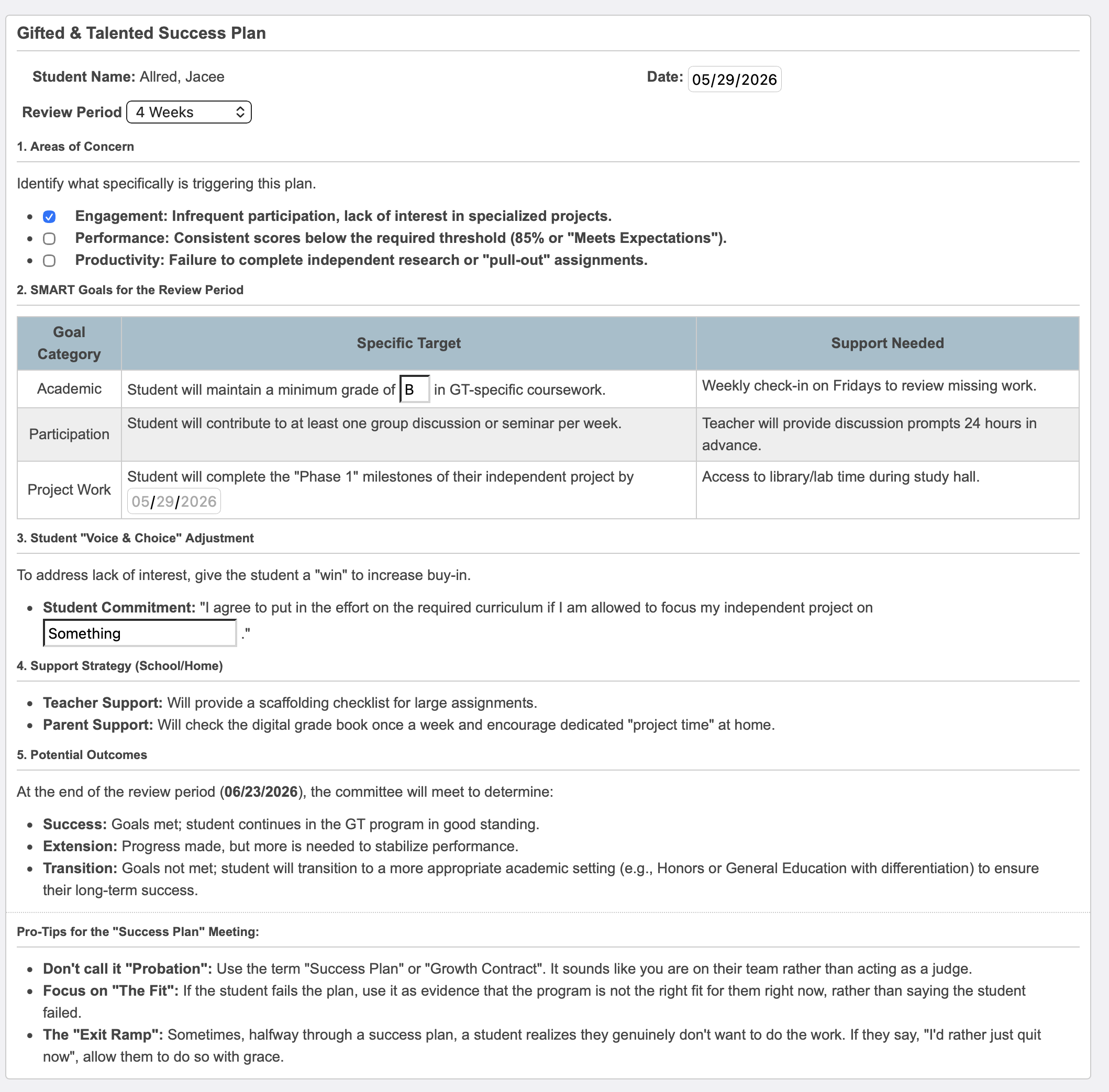 Gifted & Talented Success Plan form with review period and SMART goals