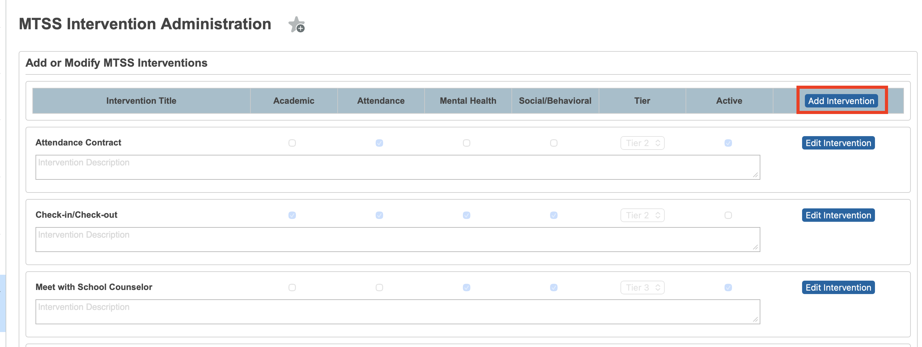 Highlighting the Add Intervention button