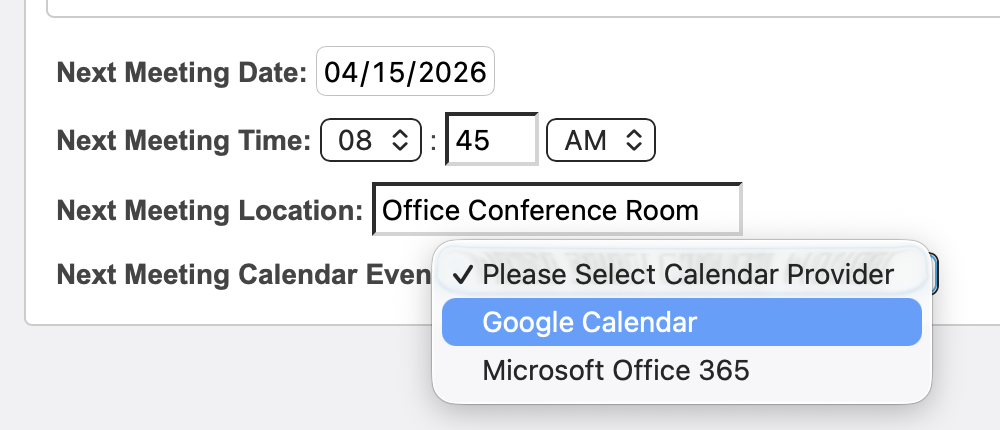image of the next meeting section, showing the menu to choose the district's calendar provider.