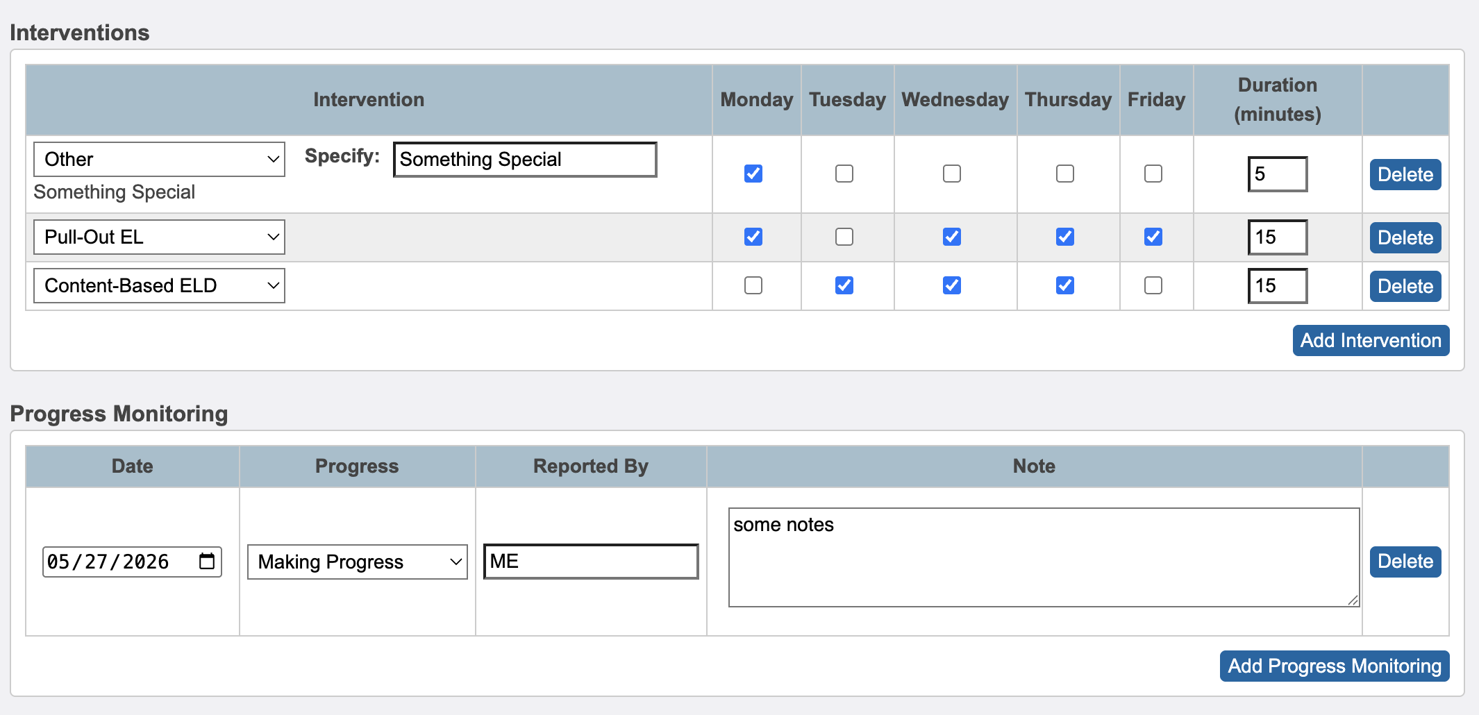 Screenshot showing the Interventions and Progress Monitoring sections.