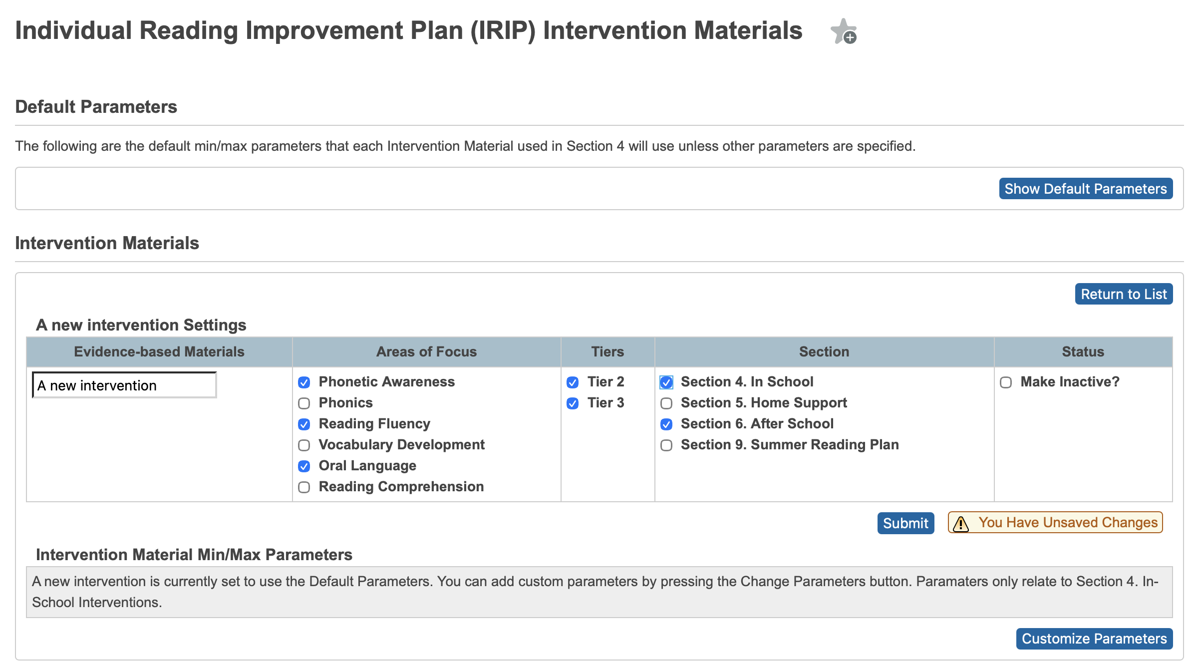 Completing the intervention material page