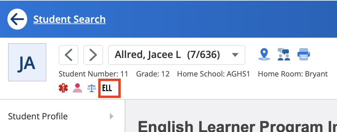 Student page banner with the EL ILP alert icon displayed next to the student's name.
