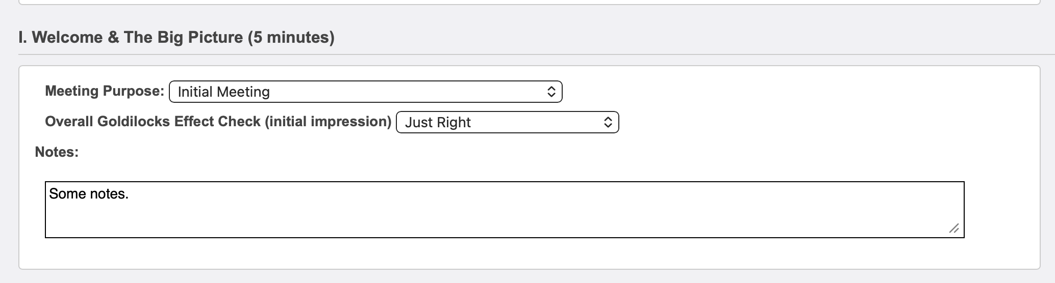 Meeting section I with purpose and Goldilocks effect selections